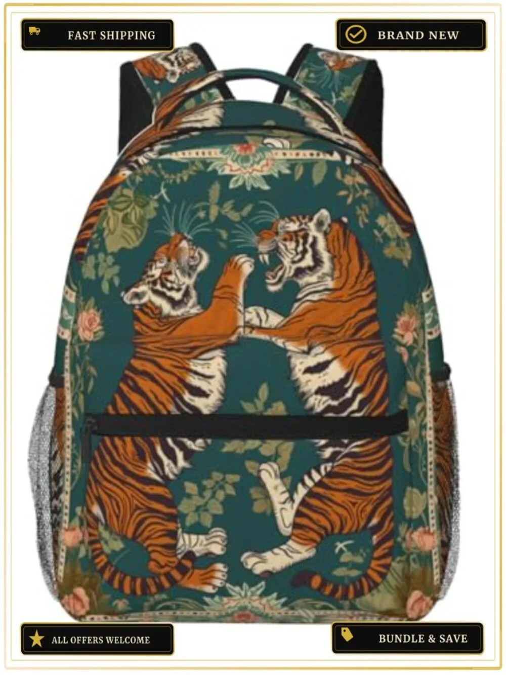Vintage Tiger Floral Backpack Lightweight Laptop Daypack Boho Animal Bookbag